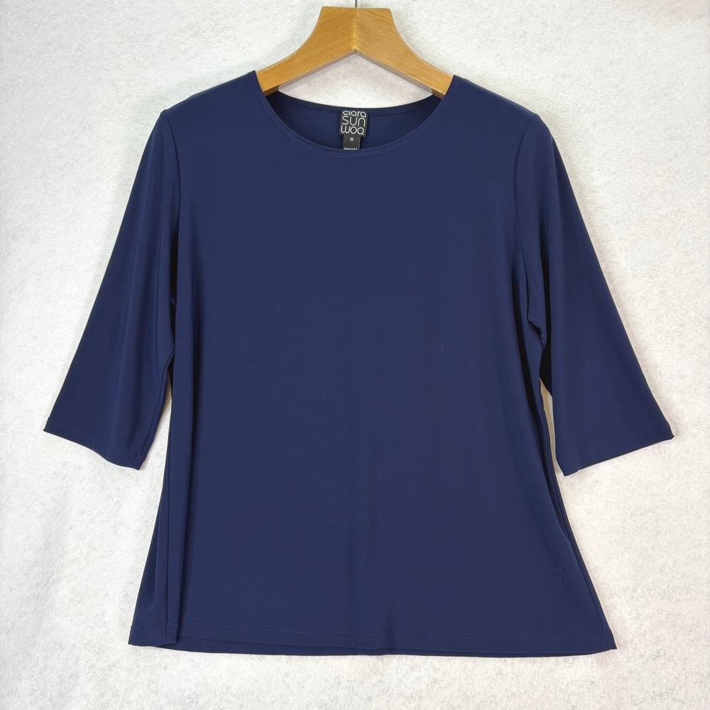 Clara Sunwoo Navy Blue 3/4 Sleeve Knit Top Womens 1X Classic Minimalist Career